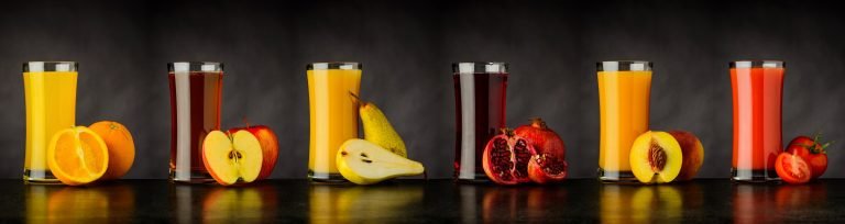 Collage of Fresh Fruit Juice Drinks in Glass