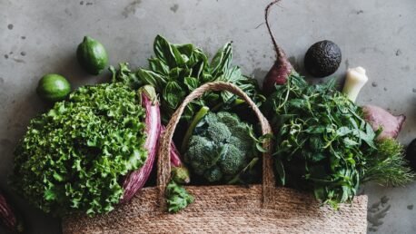 Shopping bag with freash vegetables and microgreens