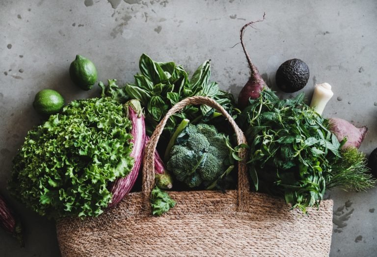 Shopping bag with freash vegetables and microgreens