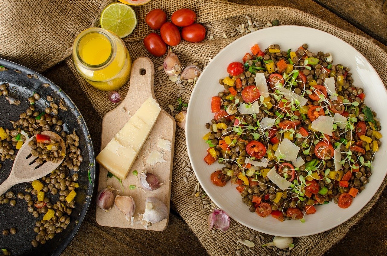 Lentil Microgreens Nutrition: Warm salad of lentils topped with lentil microgreens