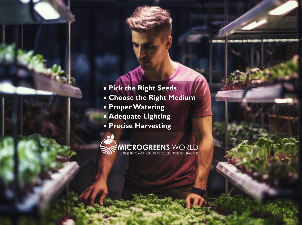 Young man growing microgreens in a small indoor vertical farm