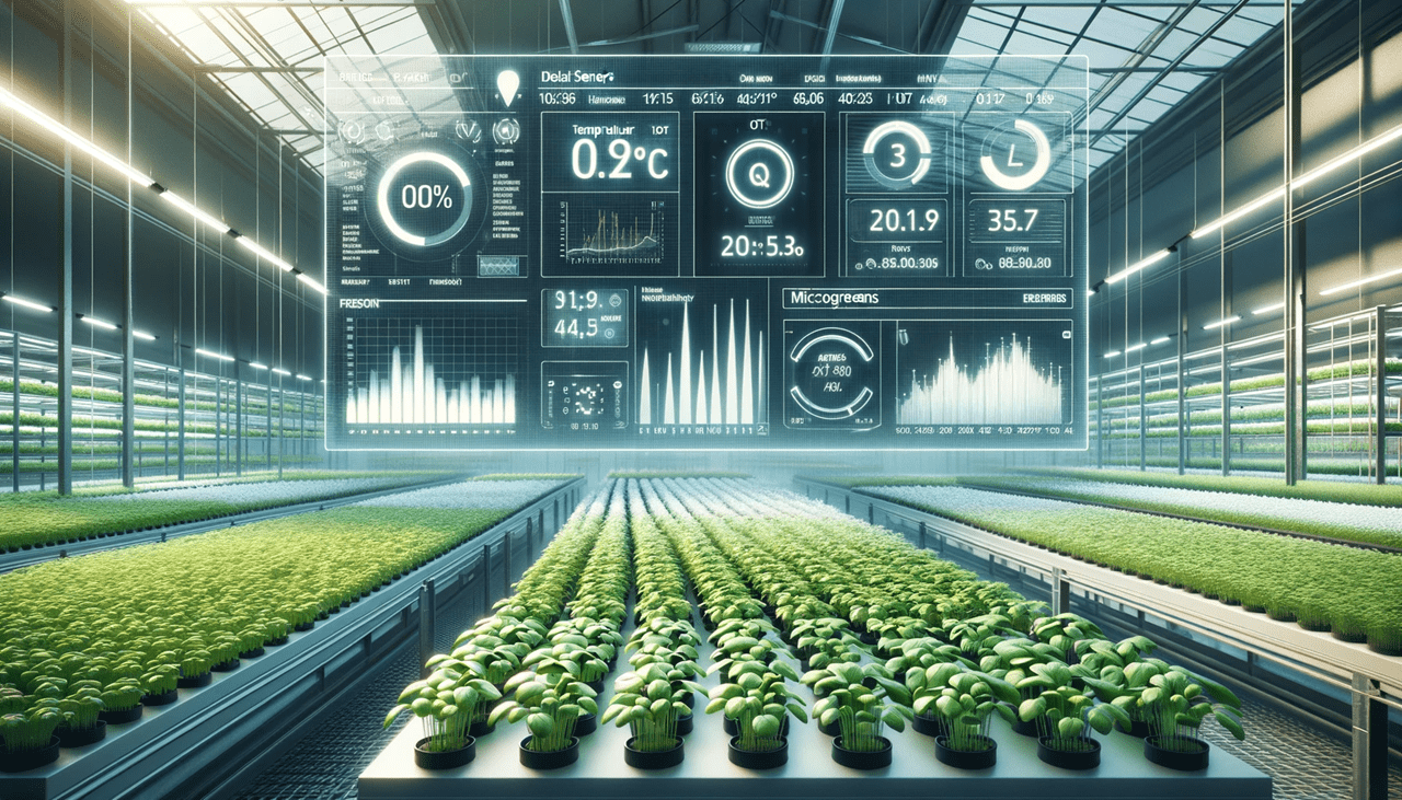 High-tech indoor microgreens farm with digital analytics displays.