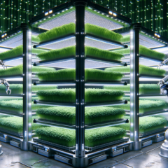 Indoor vertical microgreens farm with robotic arms and LED lights.