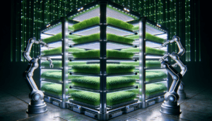 Indoor vertical microgreens farm with robotic arms and LED lights.