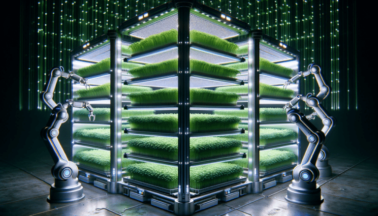 Indoor vertical microgreens farm with robotic arms and LED lights.