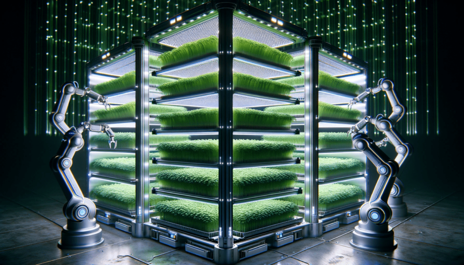 Indoor vertical microgreens farm with robotic arms and LED lights.