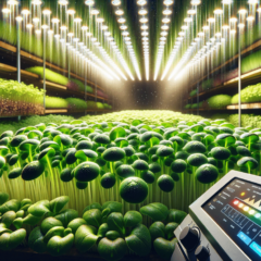 Indoor vertical farm with LED grow lights and control pad.