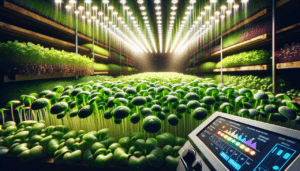 Indoor vertical farm with LED grow lights and control pad.