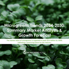 Microgreens market growth report cover with leafy background.