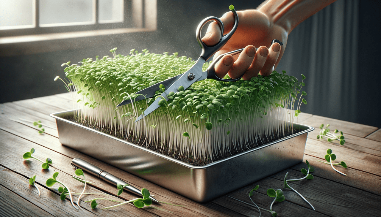 Hand trimming microgreens with scissors indoors.