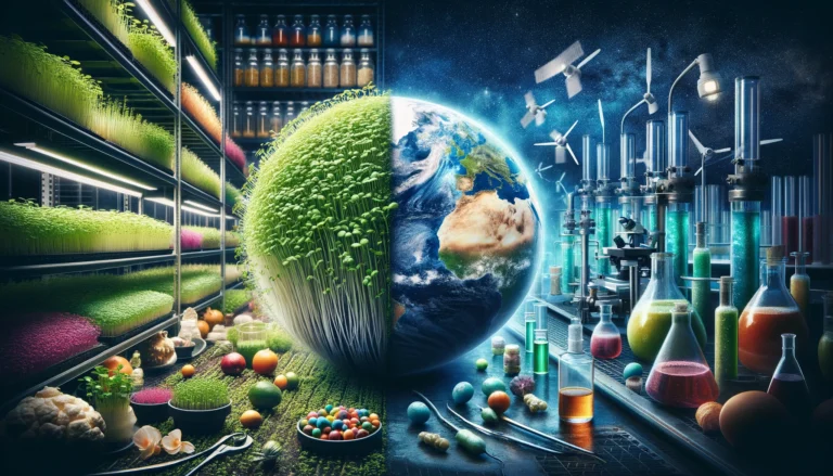 Futuristic lab with Earth and sustainable agriculture. Microgreens or Biofortification_ The Race to Feed the World