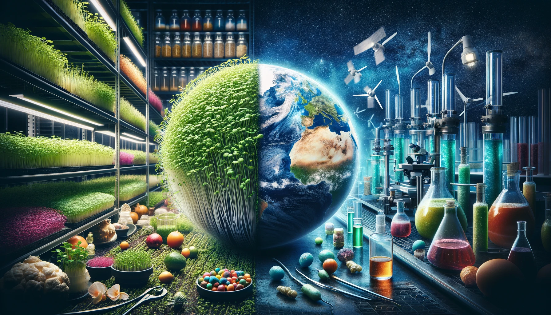 Futuristic lab with Earth and sustainable agriculture. Microgreens or Biofortification_ The Race to Feed the World