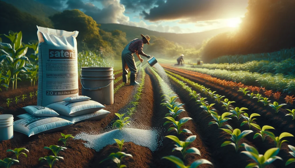 Farmers watering plants in cultivated field at sunset. Zinc-enriched agronomic biofortification