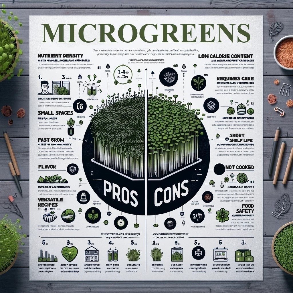 Pros and Cons of Microgreens Infographic comparing microgreens pros and cons.