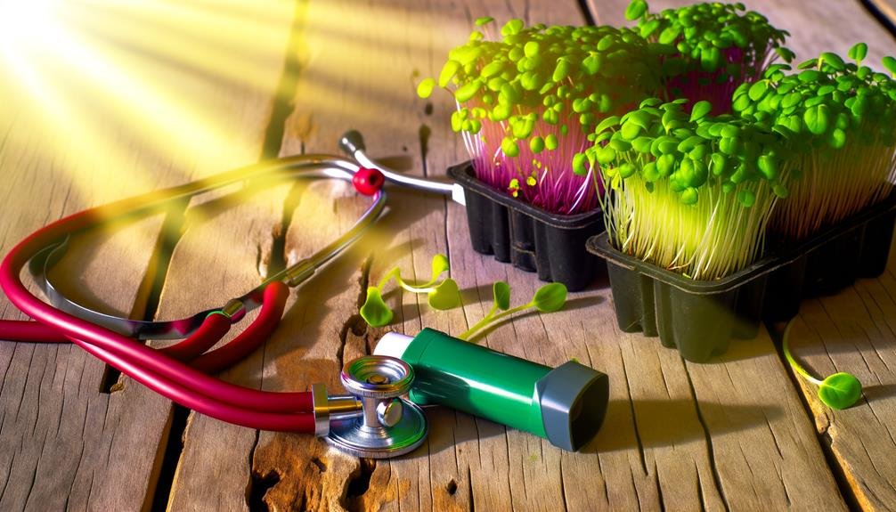 8_Chronic_Diseases_That_Microgreens_Help_With_0003 Small containers of microgreens on a wooden table with an inhaler and stethoscope