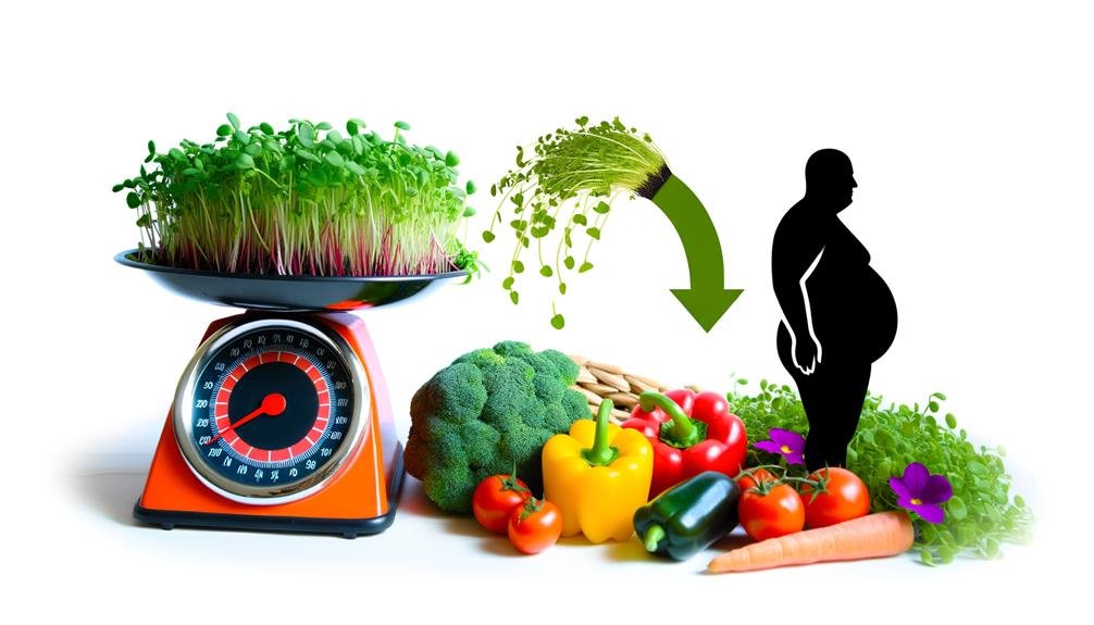 8_Chronic_Diseases_That_Microgreens_Help_With_0005 Microgreens on a scale surrounded by fresh vegetables with an overweight man in the background