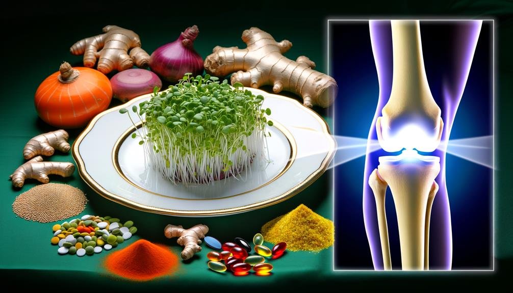 8_Chronic_Diseases_That_Microgreens_Help_With_0007 Microgreens on a white plate surrounded by vegetables, and a knee joint radiating on the left.