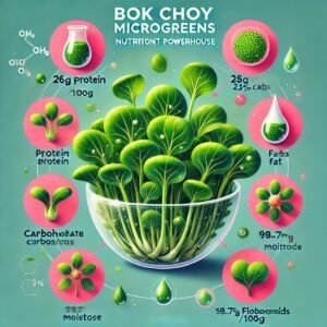Infographic showcasing the nutritional power of Bok Choy microgreens. The images highlight the key nutritional aspects, growth stages, and comparison of antioxidant activity.