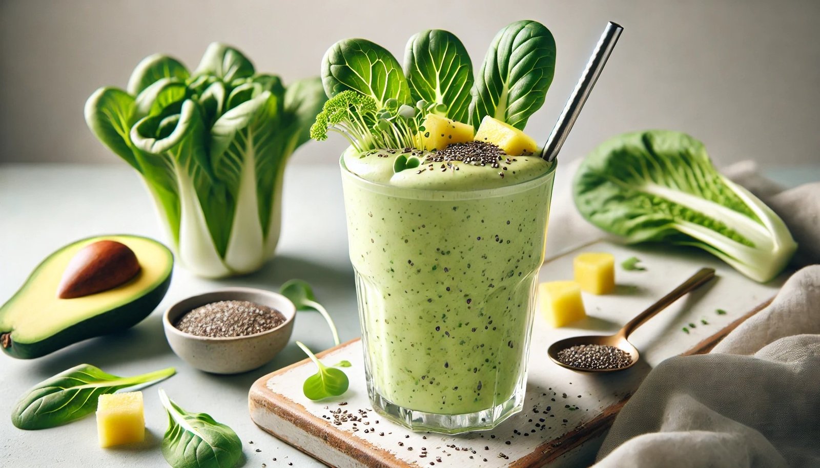 Green Goddess Bok Choy Microgreen Smoothie with vegetables in a glass