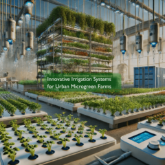 An indoor vertical farm, with high ceilings, growing microgreens and using intelligent irrigation systems and control panels.