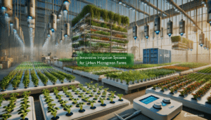 An indoor vertical farm, with high ceilings, growing microgreens and using intelligent irrigation systems and control panels.