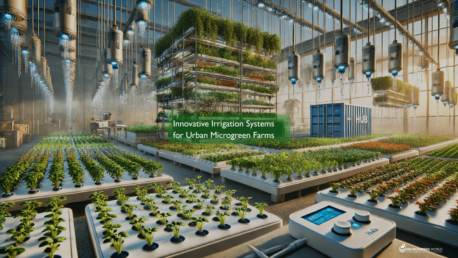 An indoor vertical farm, with high ceilings, growing microgreens and using intelligent irrigation systems and control panels.