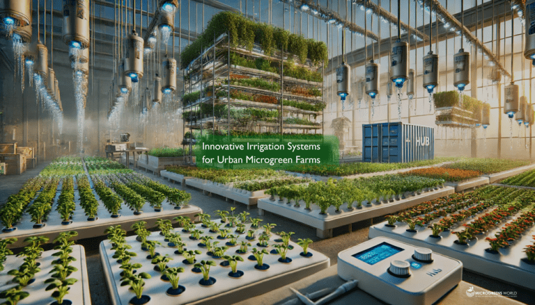 An indoor vertical farm, with high ceilings, growing microgreens and using intelligent irrigation systems and control panels.