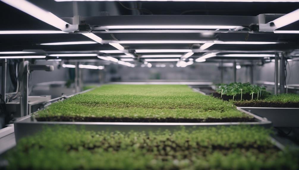 Microgreens growing under white lights and bottom-watered using a drip system.