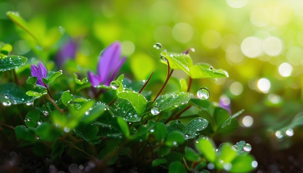 Microherbs in the shadow of light with dew on leaves