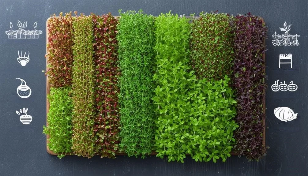 Several vertical rows of microherbs on gray background