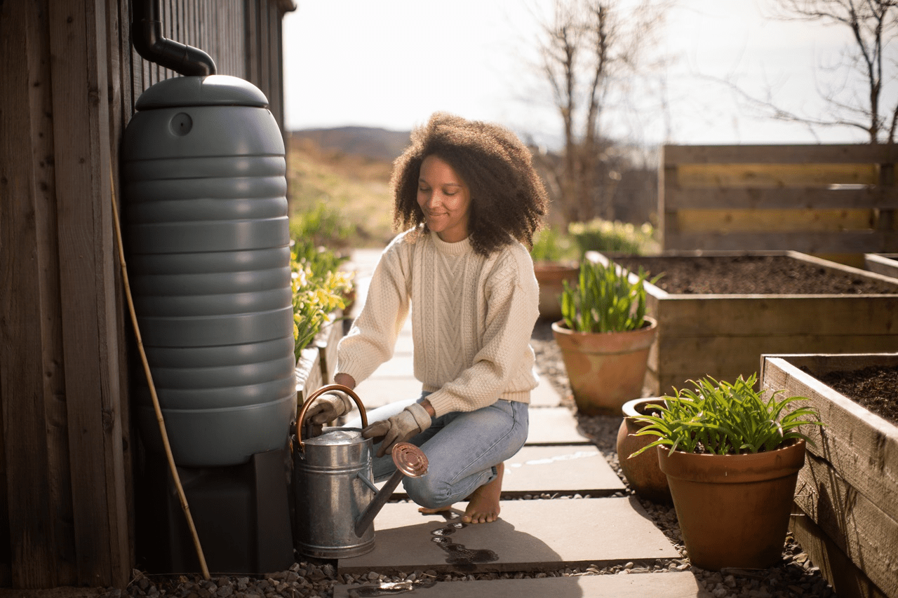 African American woman, kneeling and filling a microgreens watering canister with water from a rain watering system
