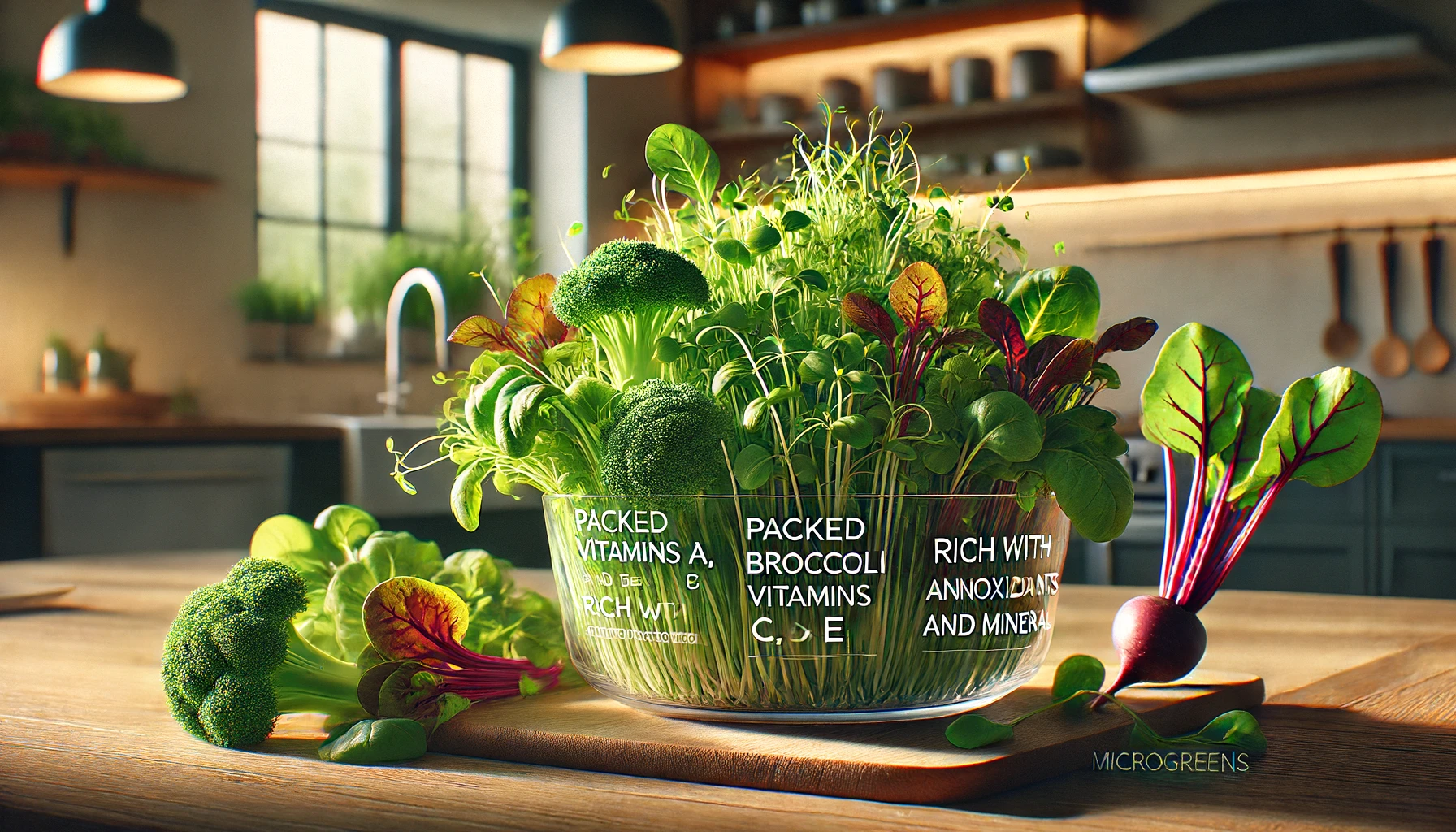 Healthy greens on a kitchen counter with microgreens