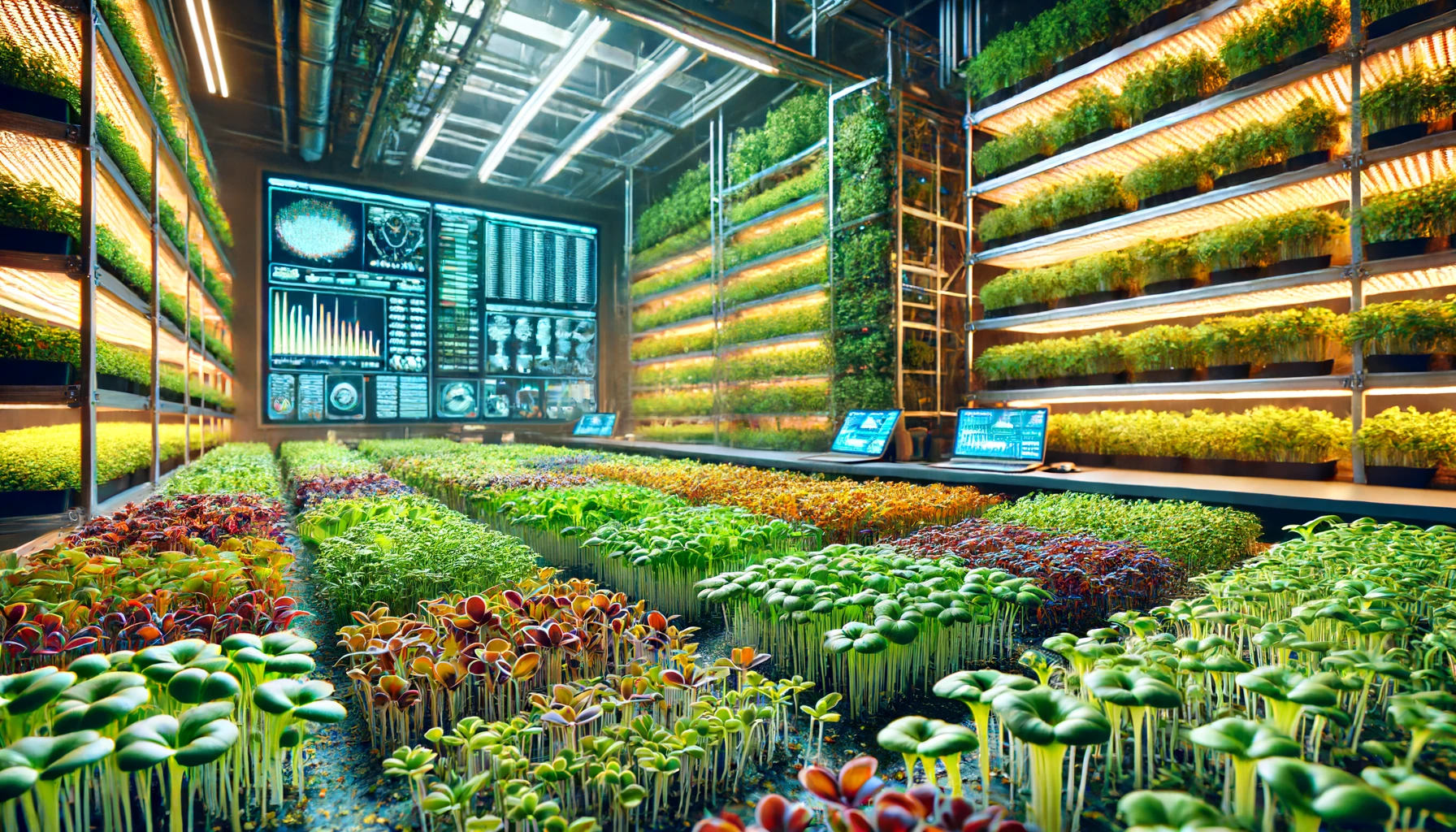 A modern vertical indoor farm growing microgreens