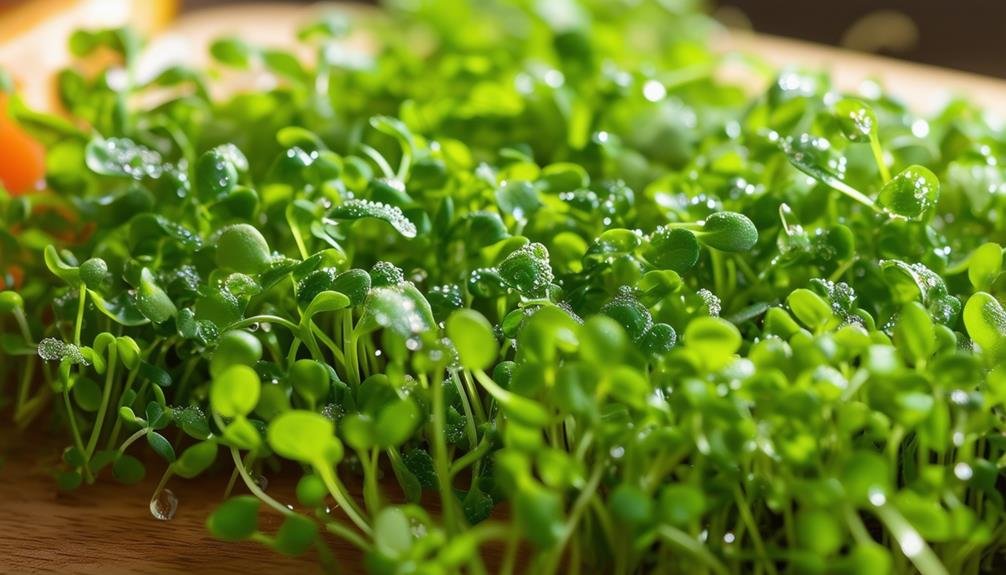 Sprouting microgreens after a light top watering. reflecting the light.