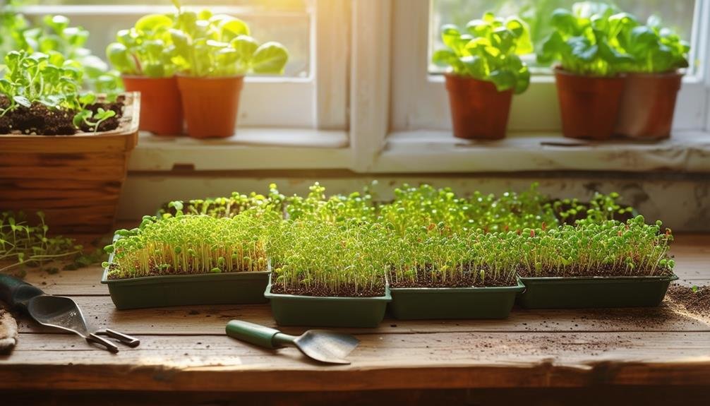 Several containers of microgreens growing on a counter near a windowsill with various tools lying nearby
