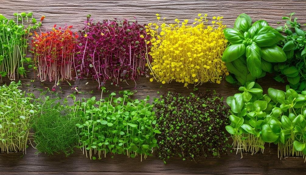 10 varieties of microgreens, red, yellow, purple, and green colored, on a wooden table