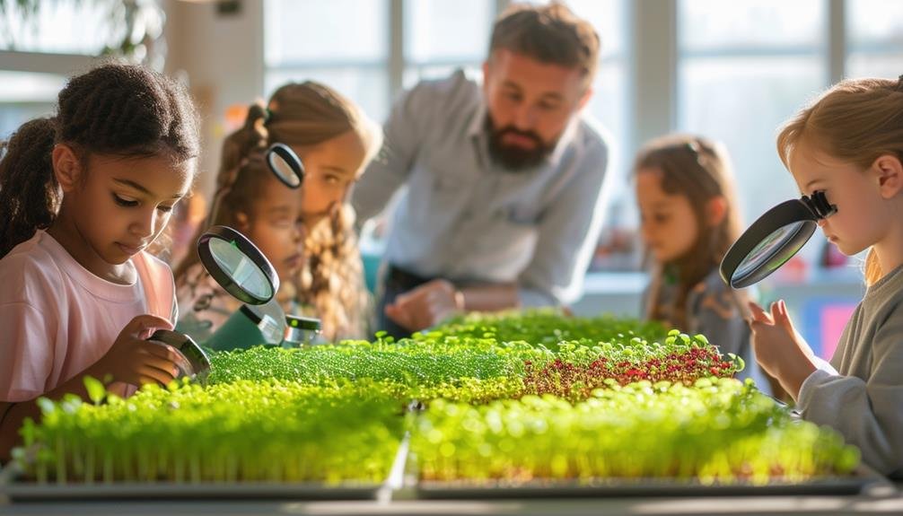 ^-7-year-old girls growing microgreens, supervised by a teacher