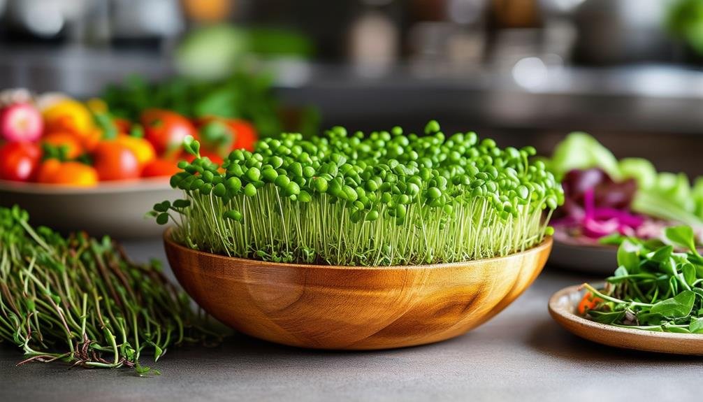 A bowl of microgreens sitting among vegetables, ready for making a salad