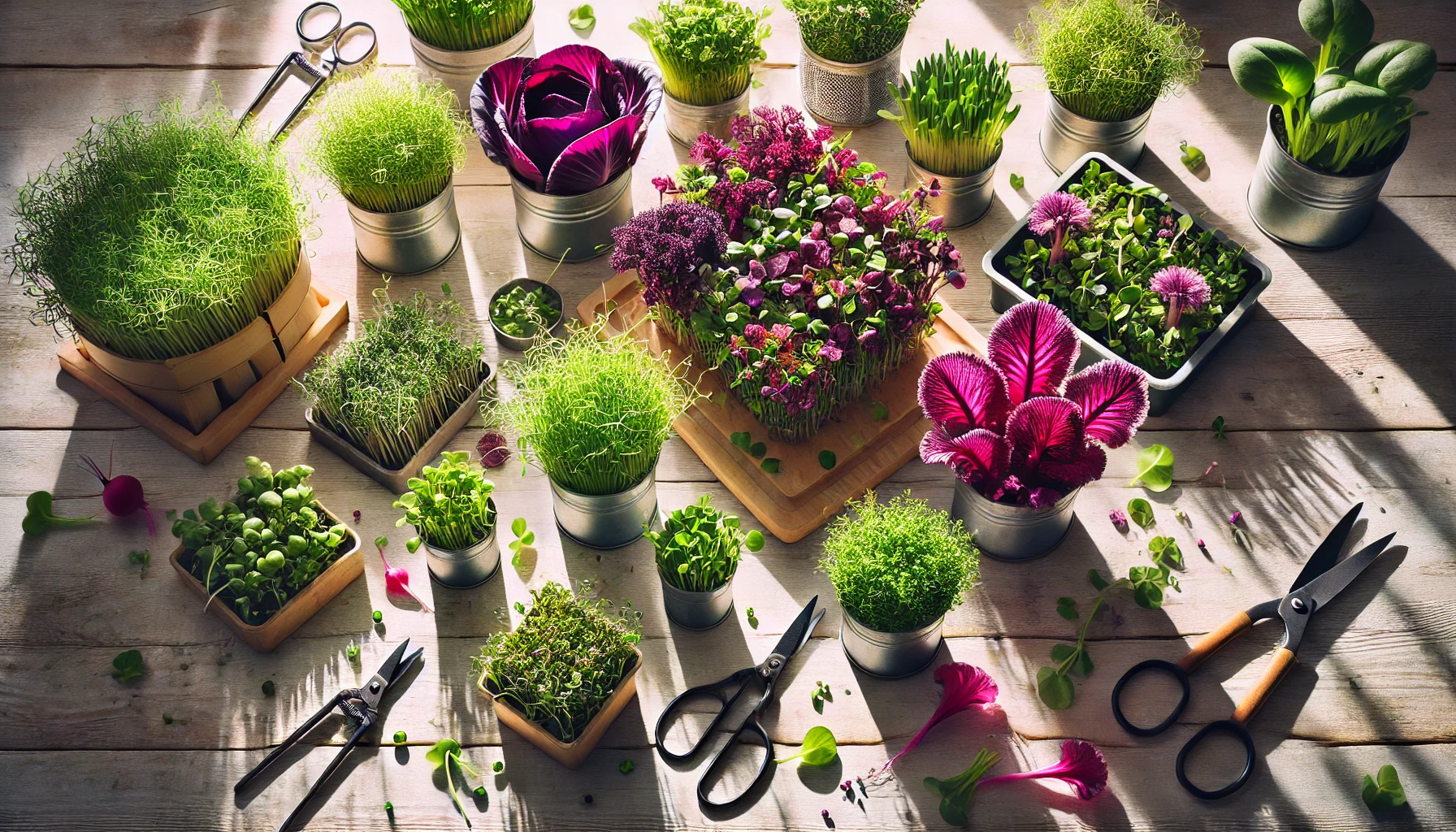 A variety of microgreens sitting in containers on a table, ready to be harvested.