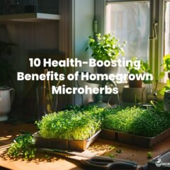 A vibrant kitchen windowsill filled with lush, green microherbs in small trays, bathed in sunlight, with a wooden countertop displaying freshly harvested microgreens, a pair of scissors, and a glass of water.