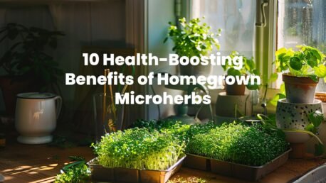 A vibrant kitchen windowsill filled with lush, green microherbs in small trays, bathed in sunlight, with a wooden countertop displaying freshly harvested microgreens, a pair of scissors, and a glass of water.
