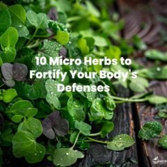 A vibrant array of micro herbs like cilantro, basil, and parsley, beautifully arranged on a rustic wooden table with drops of water glistening on their leaves, showcasing their fresh, nutrient-rich appeal.