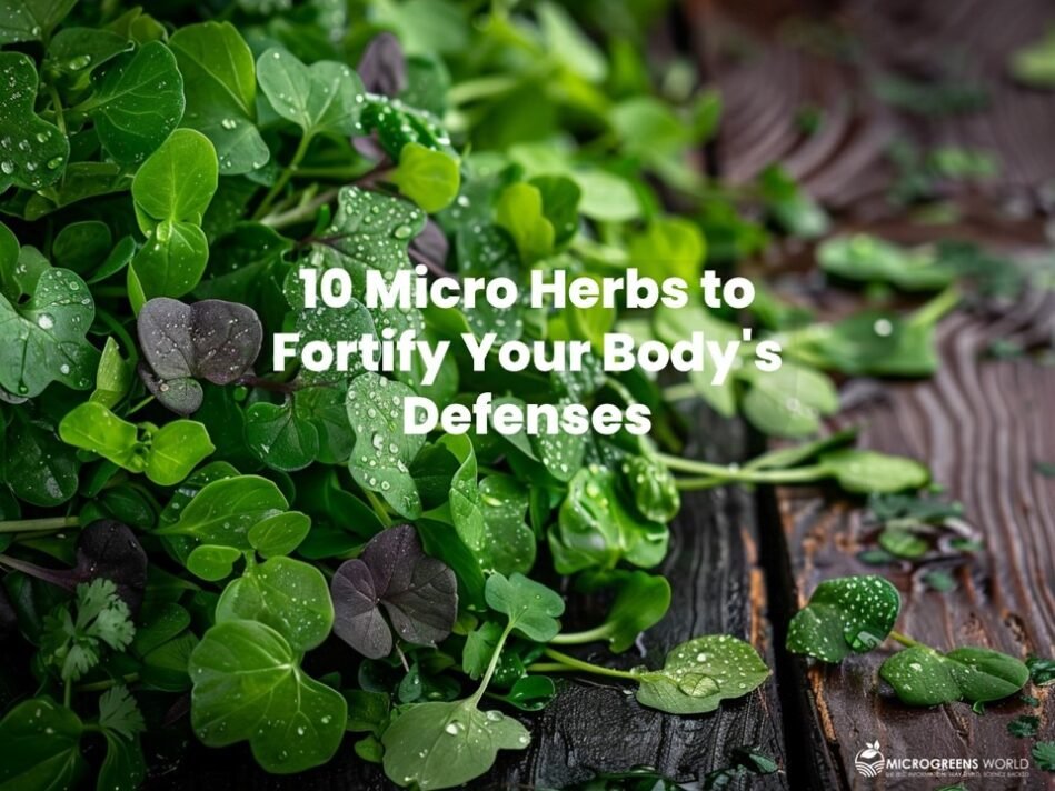 A vibrant array of micro herbs like cilantro, basil, and parsley, beautifully arranged on a rustic wooden table with drops of water glistening on their leaves, showcasing their fresh, nutrient-rich appeal.