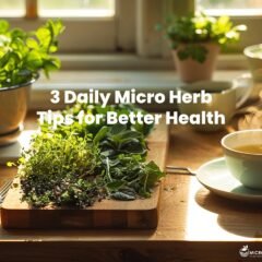 A serene teacup with steaming micro herbal tea, surrounded by fresh micro herbs like basil, mint, and thyme, with sunlight streaming through a window, creating a warm and inviting atmosphere.