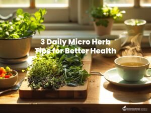 A serene teacup with steaming micro herbal tea, surrounded by fresh micro herbs like basil, mint, and thyme, with sunlight streaming through a window, creating a warm and inviting atmosphere.