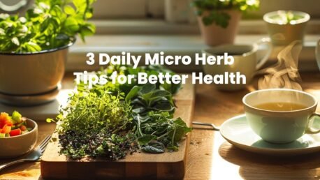 A serene teacup with steaming micro herbal tea, surrounded by fresh micro herbs like basil, mint, and thyme, with sunlight streaming through a window, creating a warm and inviting atmosphere.