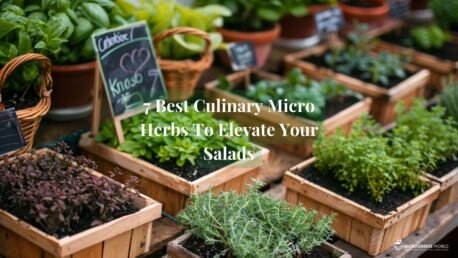 A close-up view of a wooden farmer's market table with small pots of vibrant micro herbs. In the foreground, seven distinct varieties are visible: thyme, oregano, rosemary, mint, parsley, cilantro, and basil. Each herb is labeled with a small chalkboard sign. Behind the herbs, a partially visible wicker basket contains fresh mixed salad greens. Soft, natural lighting highlights the vivid colors and delicate textures of the micro herbs.