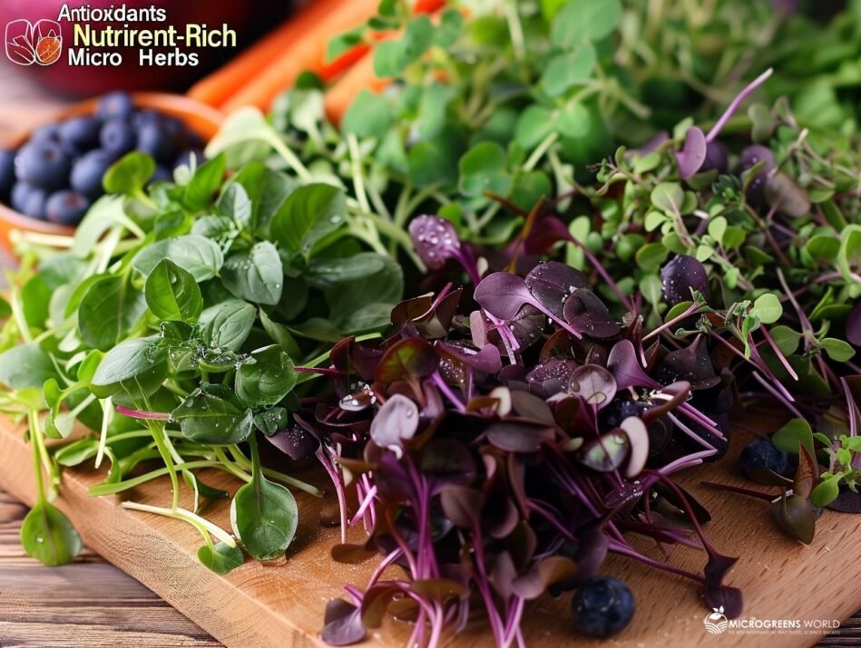 a vibrant, close-up shot of a wooden cutting board filled with an array of colorful micro herbs.
