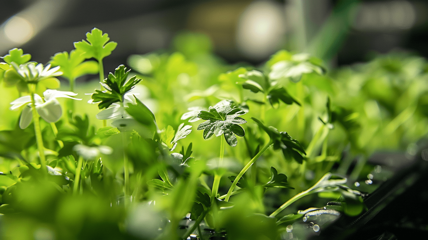 Close-up of tiny micro chamomile seeedligs in a 10"x20" flat black plastic tray. Soft natural light illuminating the micro herbs against a blurred kitchen countertop background.