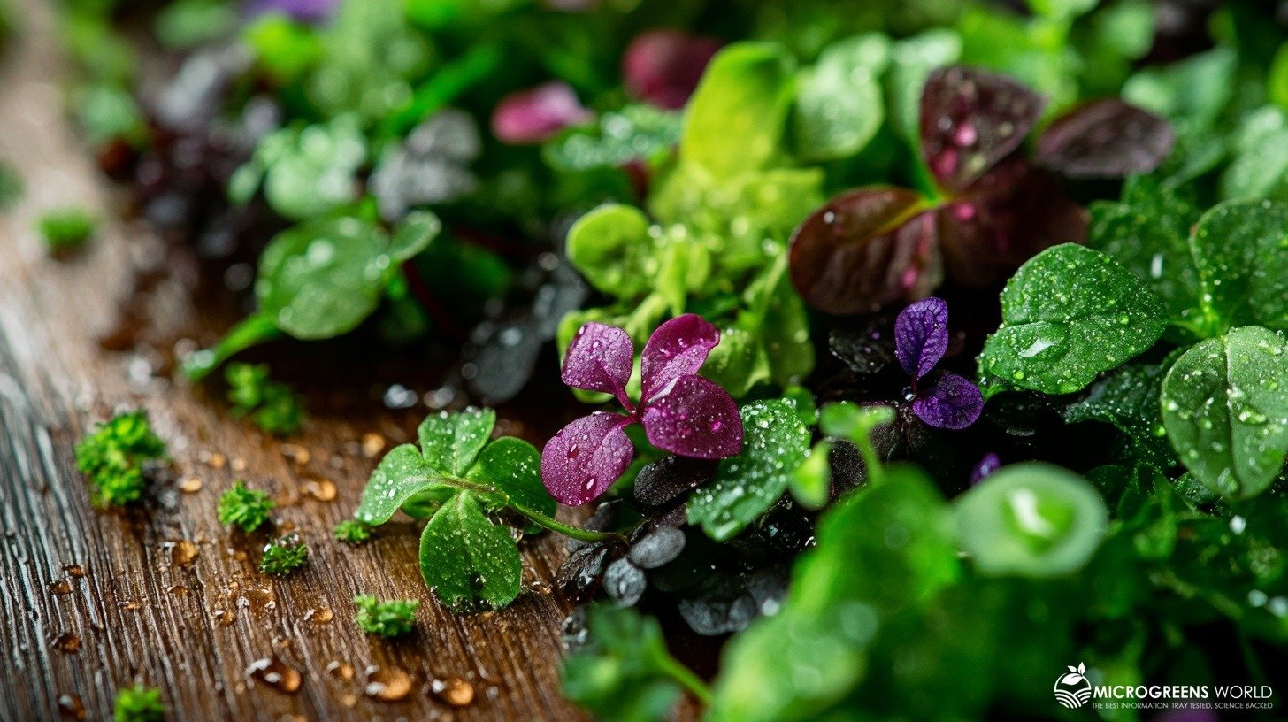 A vibrant close-up of assorted microherbs showcasing their vivid greens, purples, and reds, artistically arranged on a rustic wooden table, with droplets of water glistening on the leaves, reflecting their freshness and nutritional richness.